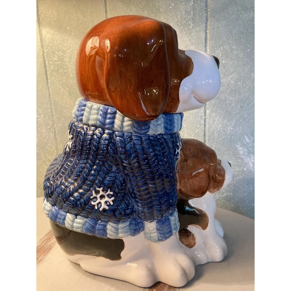 Dog And Puppy Cookie Jar In Snowflake Christmas Sweater